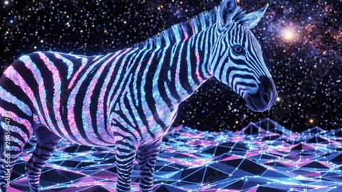 A futuristic neon zebra stands on a glowing network against a starry night sky with a galaxy.