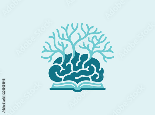 Creative brain tree logo design, human mind growing from an open book, concept of knowledge, education, learning and wisdom