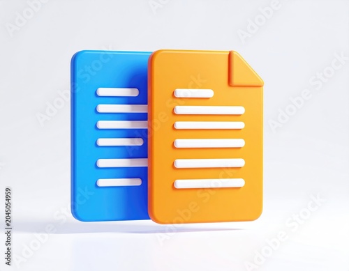 Two stylized documents, one orange, one blue, on a white background