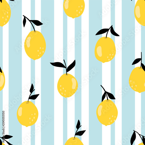 Lemon vector seamless print. Texture for wallpaper, textiles, fabric, paper. Flat fruits on stripped