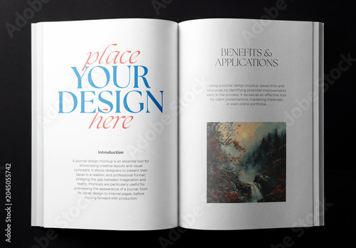 Top view of an open blank book or magazine spread mockup isolated on a solid black background