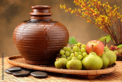 Clay Pot Displays Fruit in Peaceful Fasting Environment and Nature