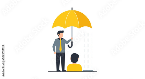 Professional support and insurance concept featuring a businessman holding a yellow umbrella to protect a client from rain in a flat vector style.