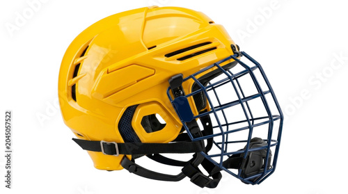 Yellow ice hockey helmet with protective metal face cage on a transparent background PNG file