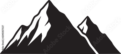 Black and white of two mountain peaks, representing nature, adventure, travel, or outdoor exploration, on white background, also transparent background