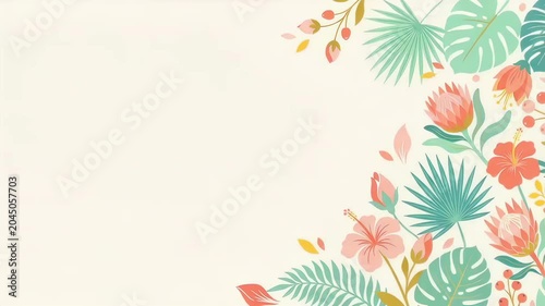 Tropical floral border with palm and protea leaves on a cream background, decorative botanical corner pattern across triptych