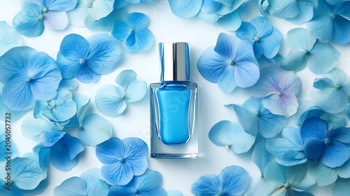 A bottle of blue nail polish surrounded by blue hydrangea flowers on white background