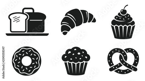Collection of baked goods icons including toast croissant cupcake donut muffin and pretzel