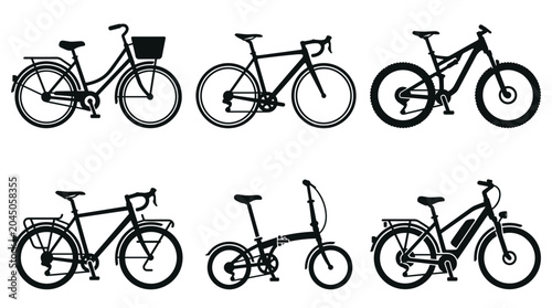Collection of different bicycle silhouettes including road bike mountain bike folding bike and electric bike