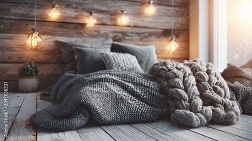 Rustic bedroom setting features cozy knitted blankets and warm illumination near a bright window