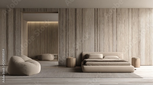 Serene bedroom interior featuring textured wood paneling and minimalist furnishings