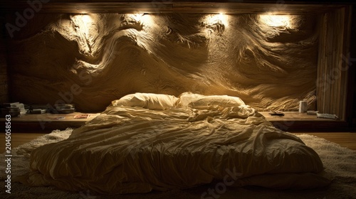 Luxurious sleeping space features organically textured headboard illuminated by warm accent lighting