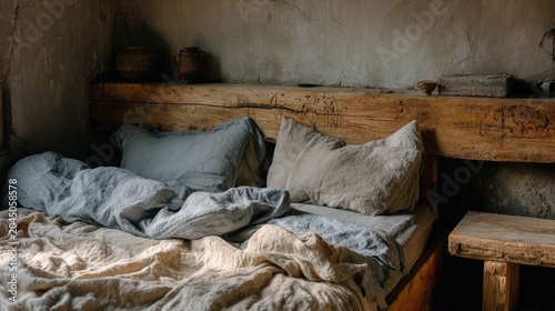 Unmade bed features rumpled linen textiles against a rustic wooden headboard and textured wall