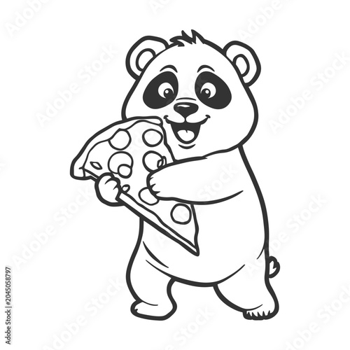 Adorable Panda with Oversized Pizza Slice Line Drawing