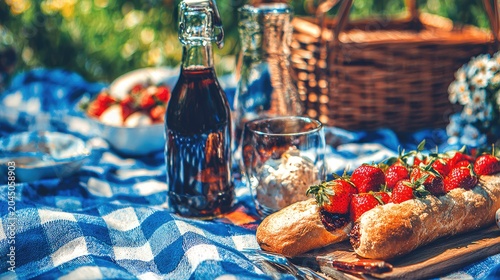 Outdoor summer gathering features fresh strawberries atop bread with a beverage bottle nearby.