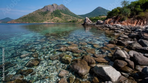 Pristine turquoise ocean water laps against a rocky shoreline with verdant mountains visible in the distance under a bright sky.