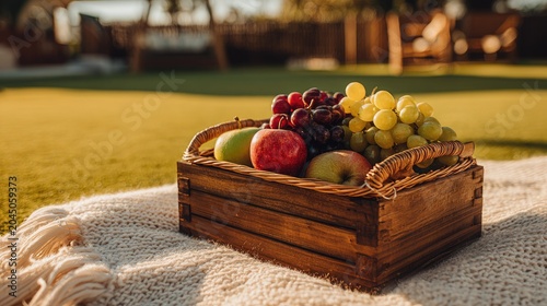 Abundant fresh fruit selection rests within a wooden container placed upon a textured blanket outdoors during golden hour.