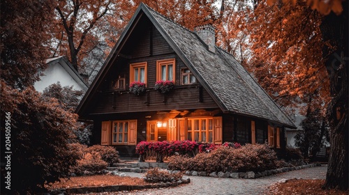 Dark wood cabin nestled among trees displaying warm autumn foliage creates a cozy scene.