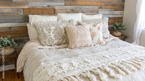 Cozy bedroom arrangement features layered textiles against a rustic wooden accent wall