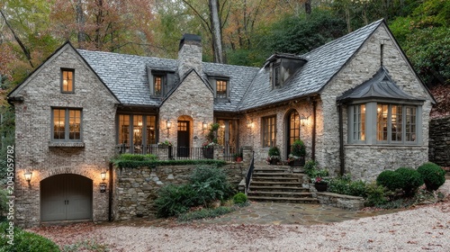 Elegant stone cottage residence nestled within a wooded hillside setting exhibits warm evening illumination