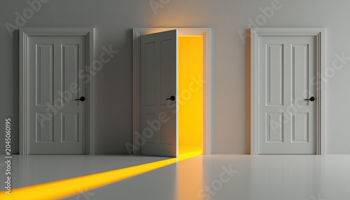 Three closed doors, one ajar, revealing a bright, warm, inviting light