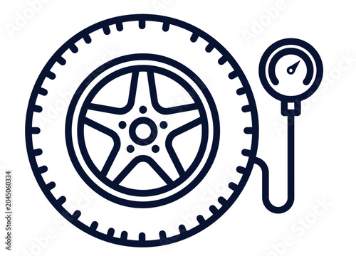 Obraz na plátne Outline icon of a car tire with a pressure gauge checking its inflation, representing vehicle maintenance
