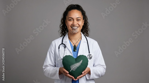 Indigenous Māori female doctor holding heart cushion with silver fern, New Zealand healthcare and medical compassion concept.