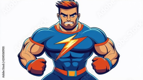 Cartoon muscular superhero with lightning bolt costume