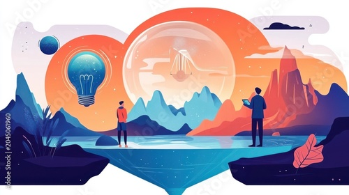 Creative collaboration concept with two people and abstract landscape