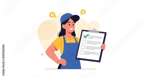 Friendly female worker wearing a blue apron and cap holding a clipboard with a completed checklist and green mark.