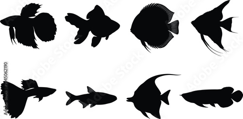 Foto Fish silhouette icons marine species aquatic animals fin shapes tail structures