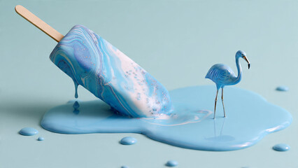Pastel blue and white marbled popsicle melting into puddle with miniature bird figure