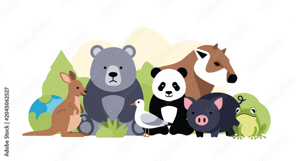 Obraz premium Diverse collection of cute cartoon animals including a kangaroo, bear, panda, bird, pig, and frog standing together in nature.