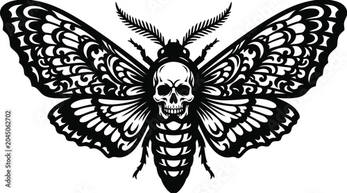 Bild auf Leinwand Skull moth illustration black and white vector graphic with ornate wings