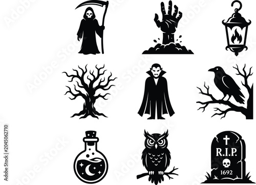 Schilderij op canvas Halloween Silhouette Icons Grim Reaper Zombie Hand Lantern And More