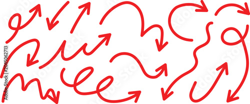 Set of red hand-drawn arrows featuring swirls, curves, and various directions, isolated on a white background, for creative annotations