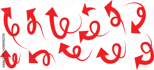 Set of red hand-drawn swirling arrows with curly tails, isolated on a white background, for highlighting and, emphasizing important information