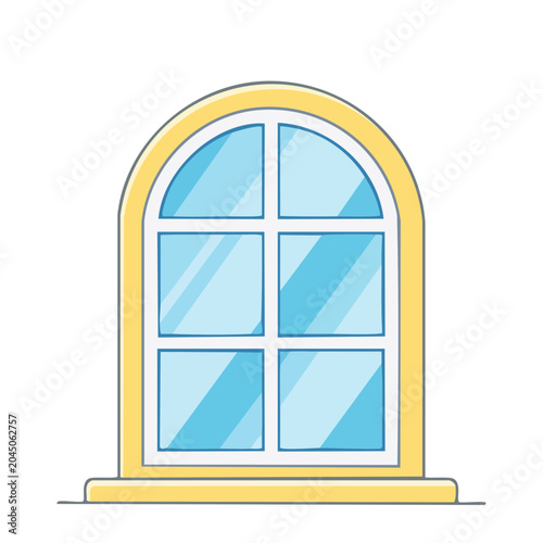 Cartoon arched window with yellow frame