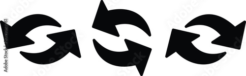 Three black circular cycle arrows indicating rotation or refresh, isolated on a white background, for user interface, and web