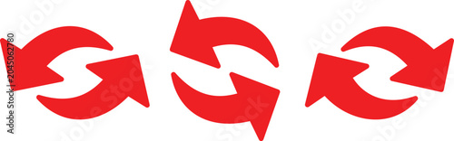 Three red circular cycle arrows indicating rotation or refresh, isolated on a white background, for user interface, and web