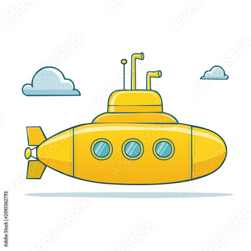Cartoon yellow submarine with clouds