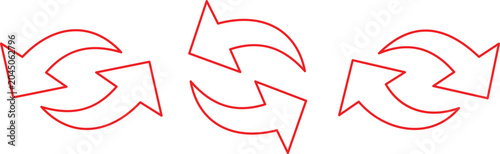 Three red circular cycle arrows indicating rotation or refresh, isolated on a white background, for user interface, and web