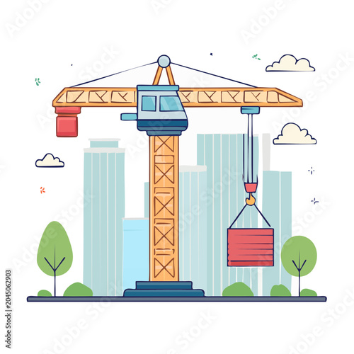 Flat design illustration of a construction crane in a city