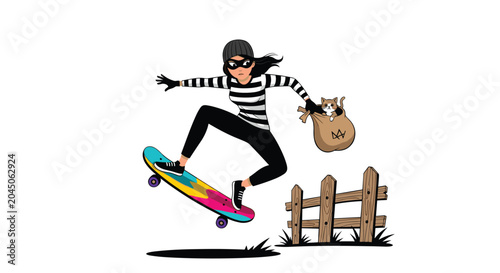 Skilled female thief wearing a mask and striped shirt performing a jump on a colorful skateboard while carrying a bag with a kitten.