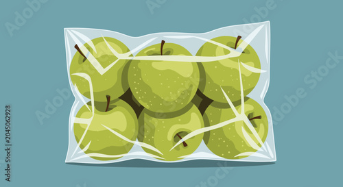 Six fresh green granny smith apples packed inside a clear transparent plastic grocery bag over a blue background for sale.