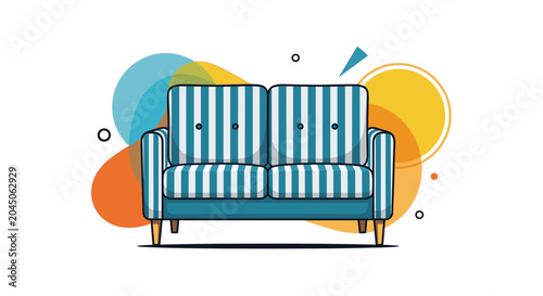 Modern blue and white striped two-seater sofa design with decorative colorful abstract shapes in the background for decor.