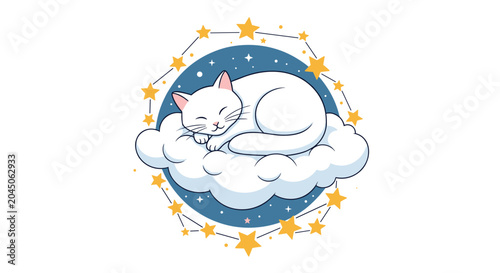 Peacefully sleeping white cat rests on a fluffy white cloud surrounded by a circular frame of golden stars in a starry night sky.