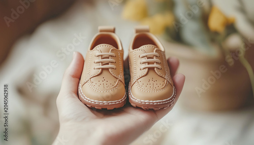 Close-up of hand holding small, brown leather baby shoes against beige background. Lace-up design, visible stitching, showcasing craftsmanship. Soft lighting highlights leather texture and warm tones.