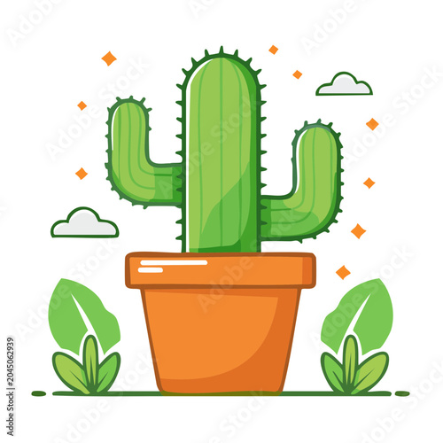 Flat design illustration of a green cactus in an orange pot