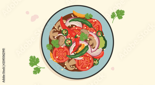 Healthy bowl of fresh salad containing sliced tomatoes, red onions, bell peppers, and mushrooms on a blue plate.